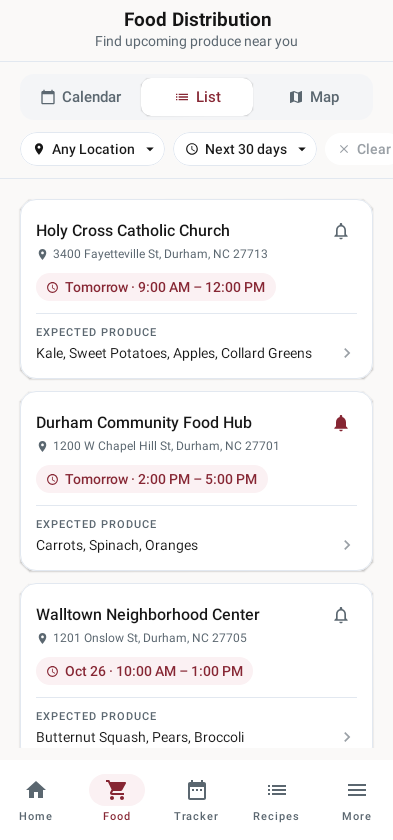 The app's Food Distribution screen, listing upcoming distributions with addresses, times and expected produce.