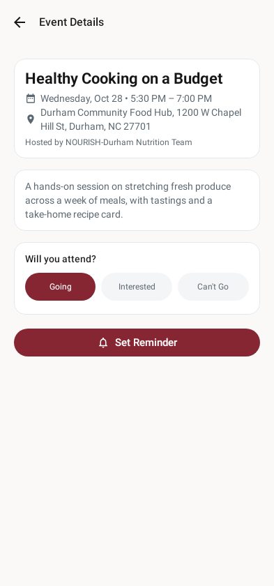 An event detail screen with date, location, description and RSVP options.
