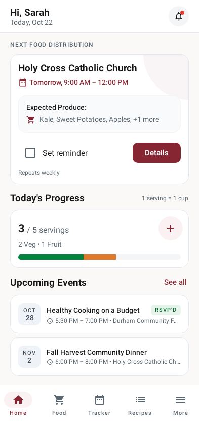 The app's home screen, showing the next distribution, today's servings progress and upcoming events.