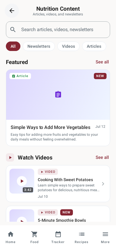 The nutrition content library, with featured articles and videos.
