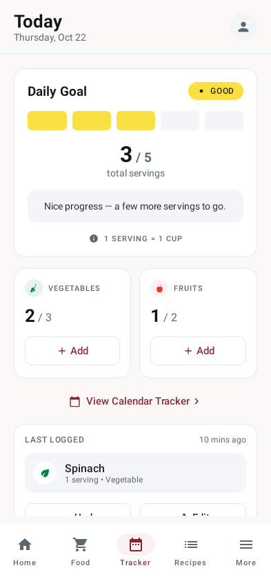 The tracker screen, showing servings logged against a daily goal.